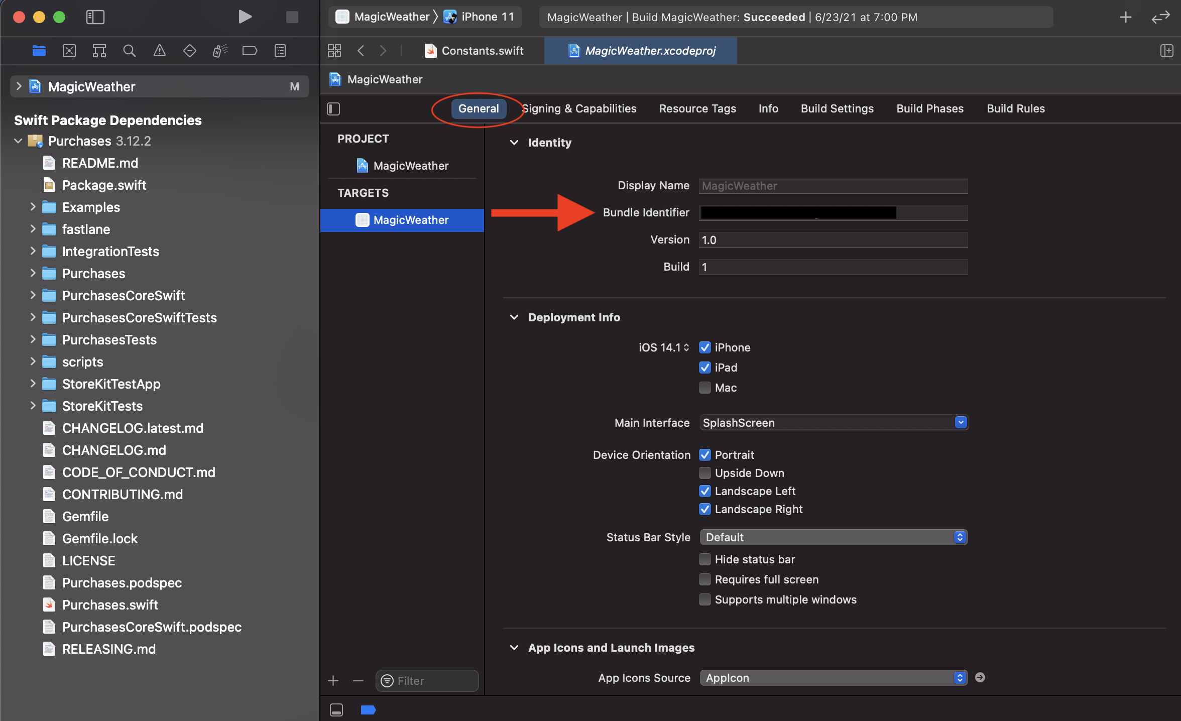 General tab in Xcode