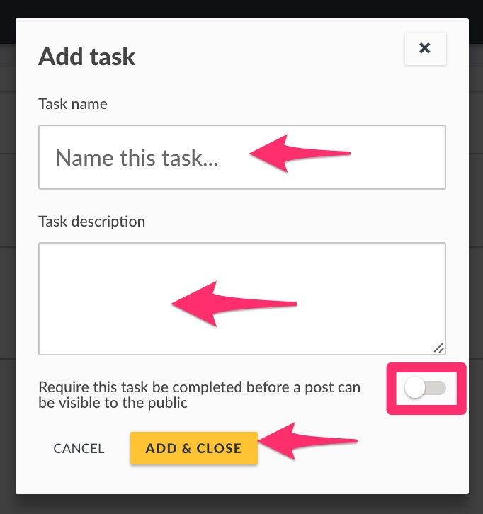 Add task popup with "Task name", "Task description" and task completion requirements.