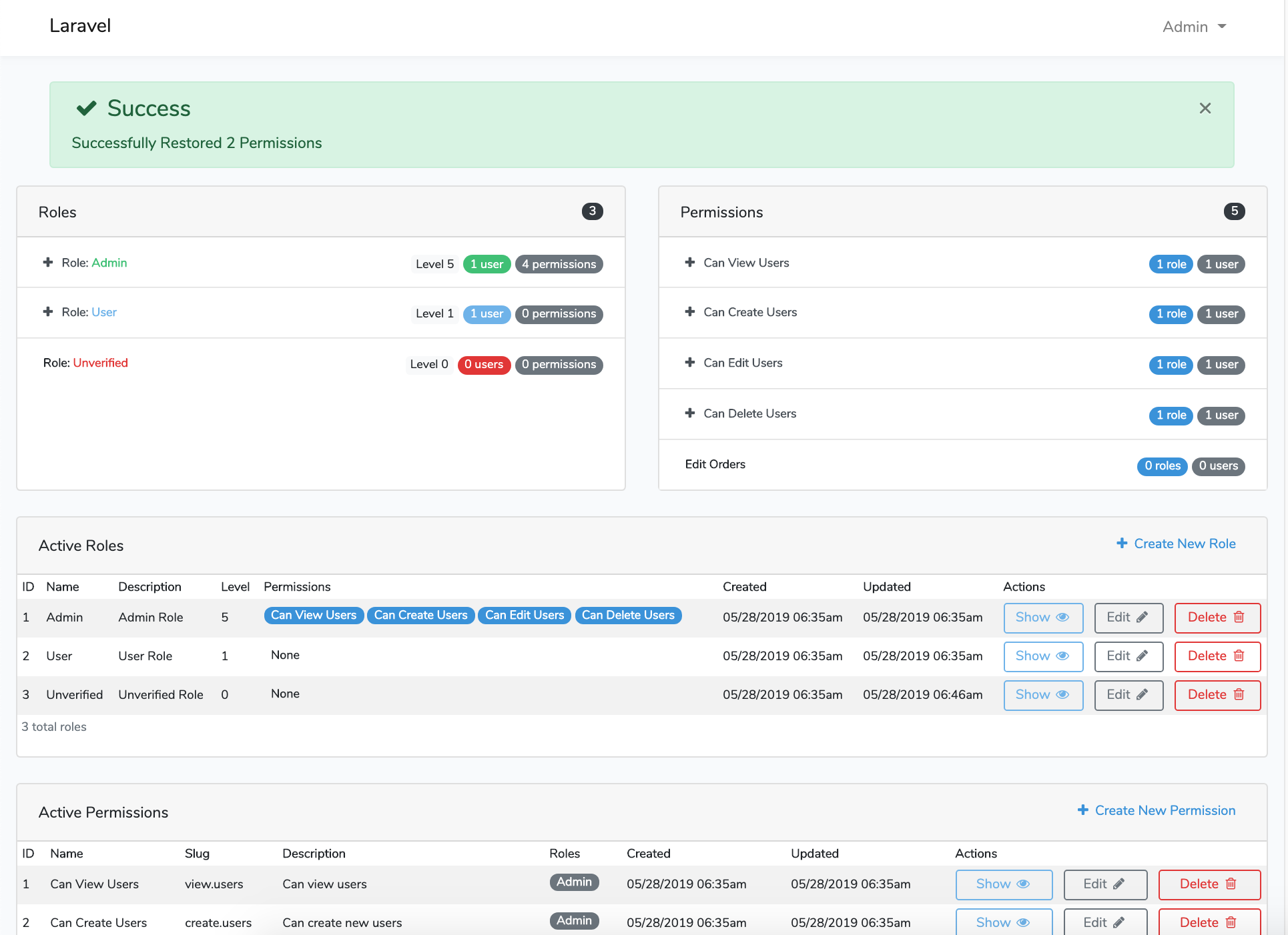 Laravel Roles GUI Success Restore