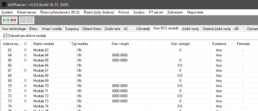 hJOPserver – stav RCS modulů