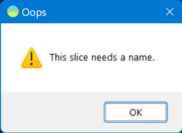 Screenshot of a warning message that says, This wedge needs a name.