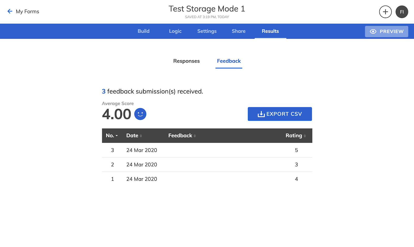 Form FAQ Storage View Feedback