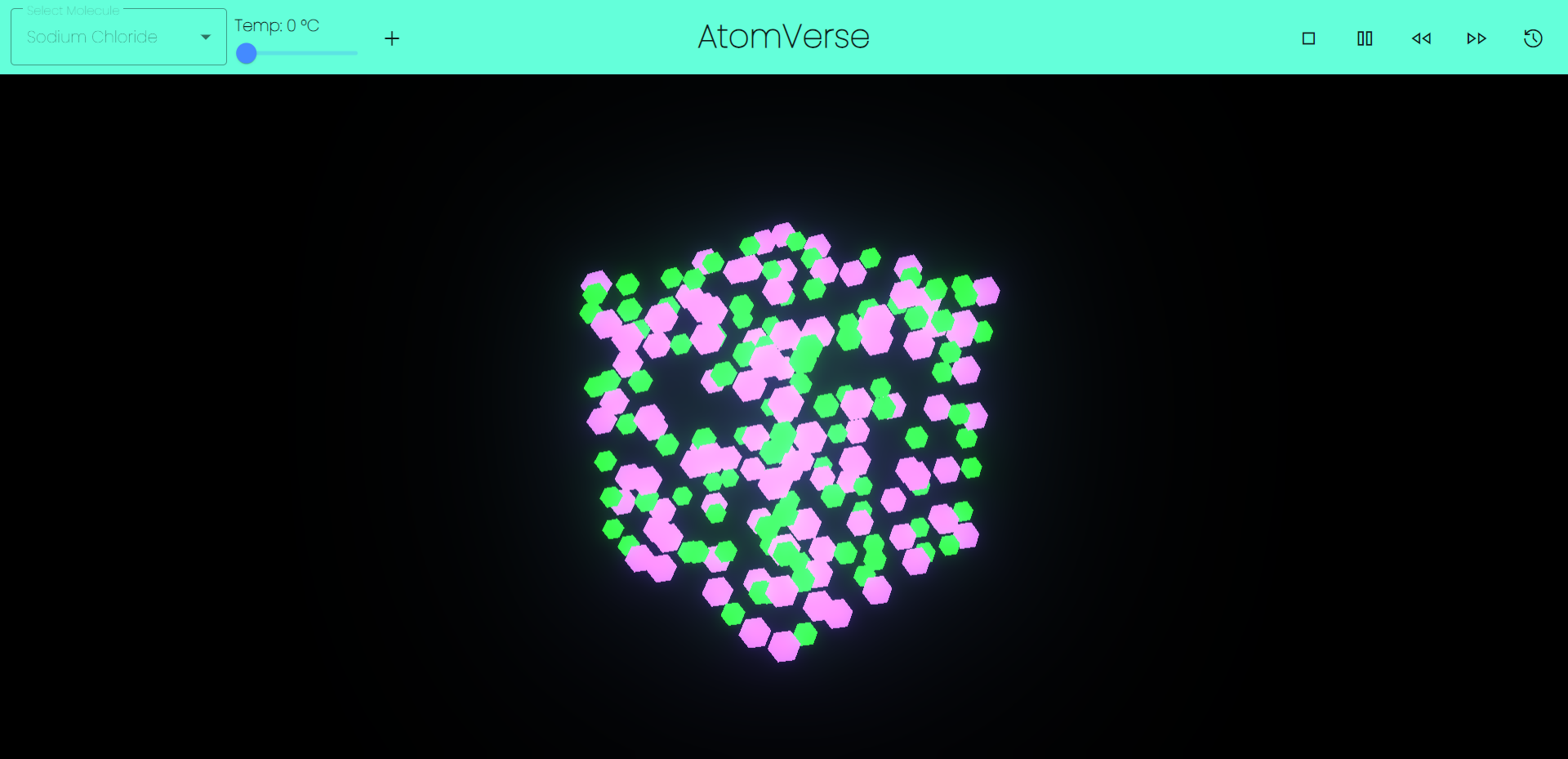 Simulating 100 Sodium Chloride ionic compounds at 0 degrees Celsius. Each ion is visibly separate.