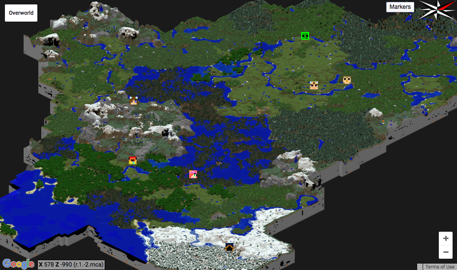 Image of a minecraft overworld map rendered in overviewer showing player locations