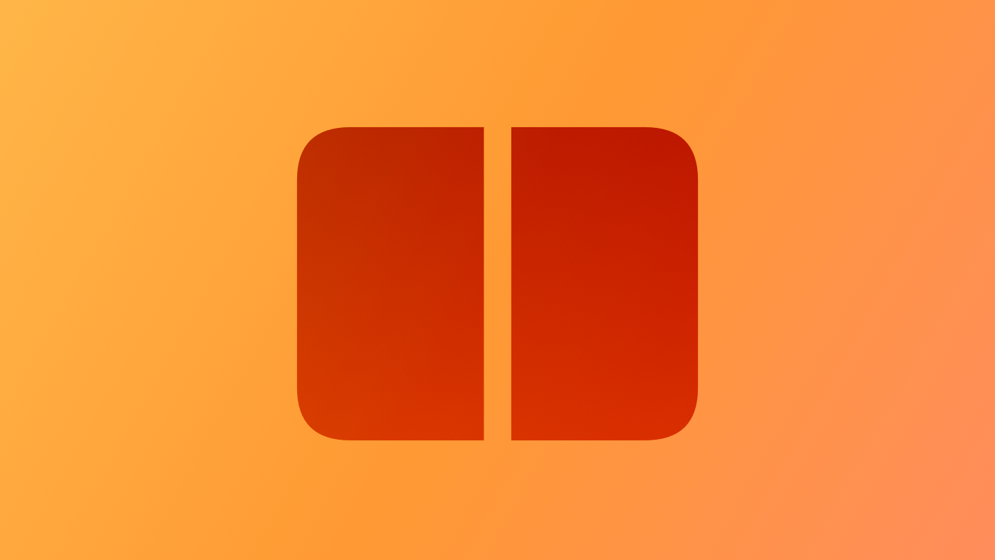 A sketch of two side-by-side windows in a split view arrangement, suggesting multitasking. The image is tinted orange to subtly reflect the orange in the original six-color Apple logo.