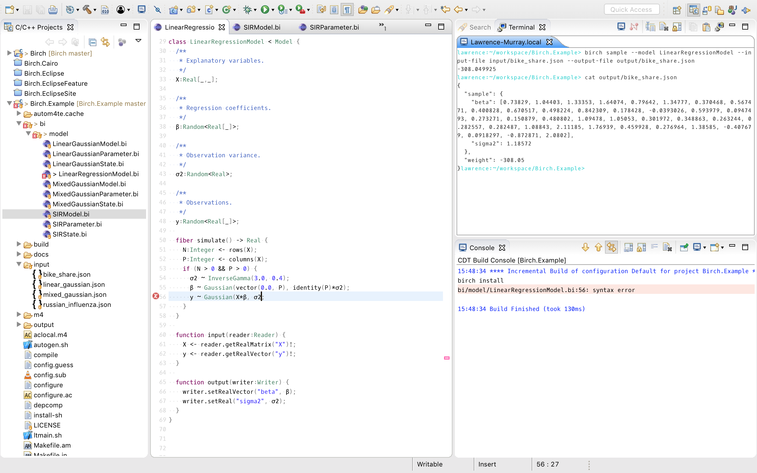 Screenshot of Eclipse on macOS with syntax highlighting for Birch source files and terminal for running Birch commands.