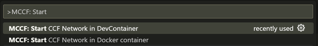 This photo displays the choice of commands appearing to the user with the MCCF: Start CCF Network in DevContainer