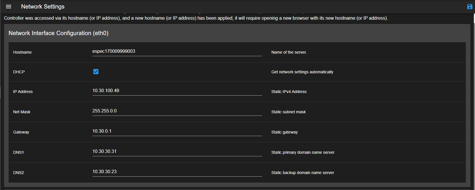 The network configuration page
