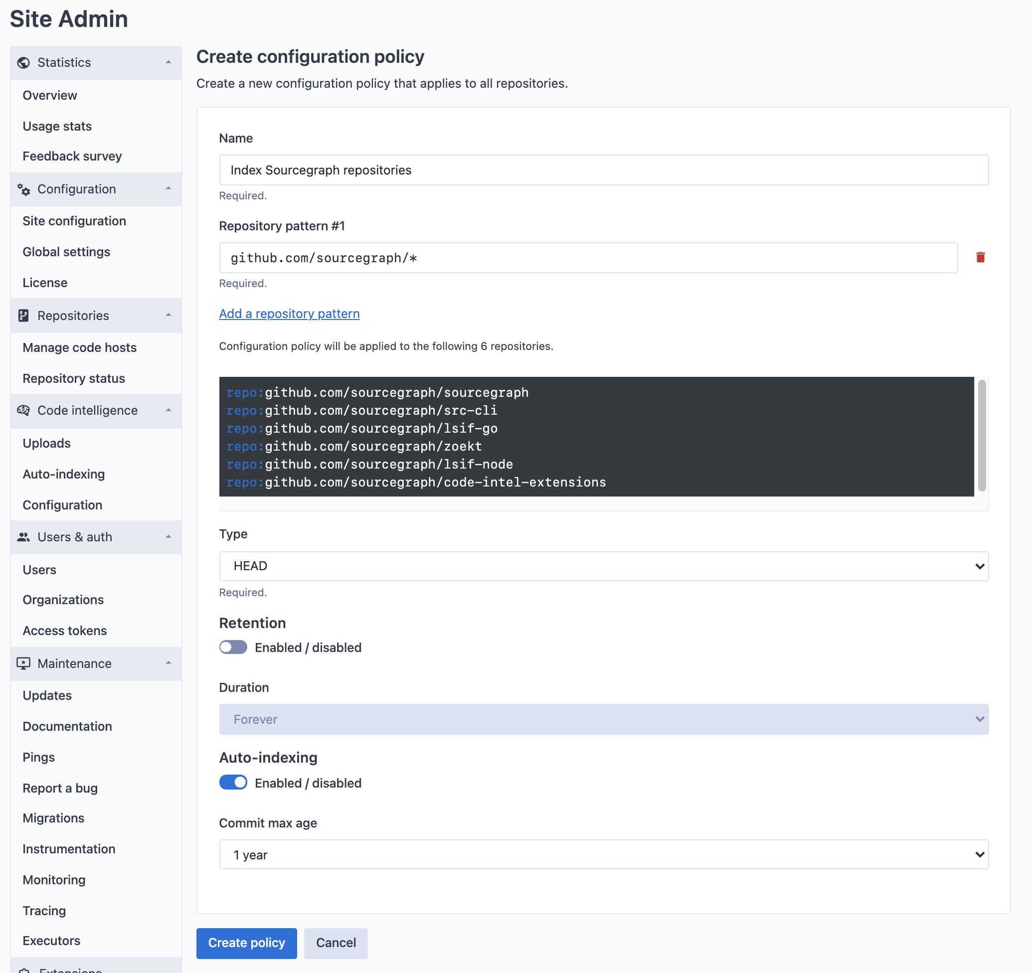 Global auto-indexing policy with repository patterns configuration edit page