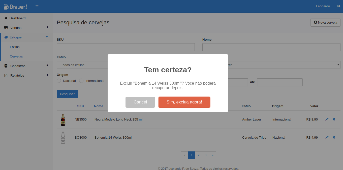 Tela de exclusão de cerveja
