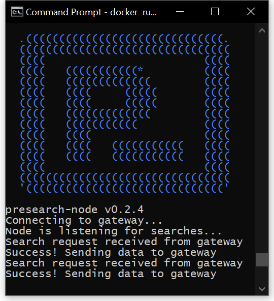 Terminal window showing search nodes starting, connecting to the Presearch gateway, and handling search requests.