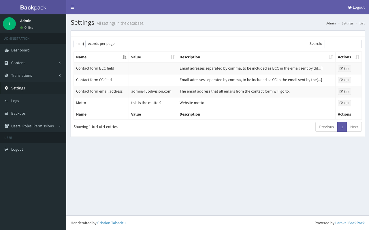 List / table view in Backpack/Settings