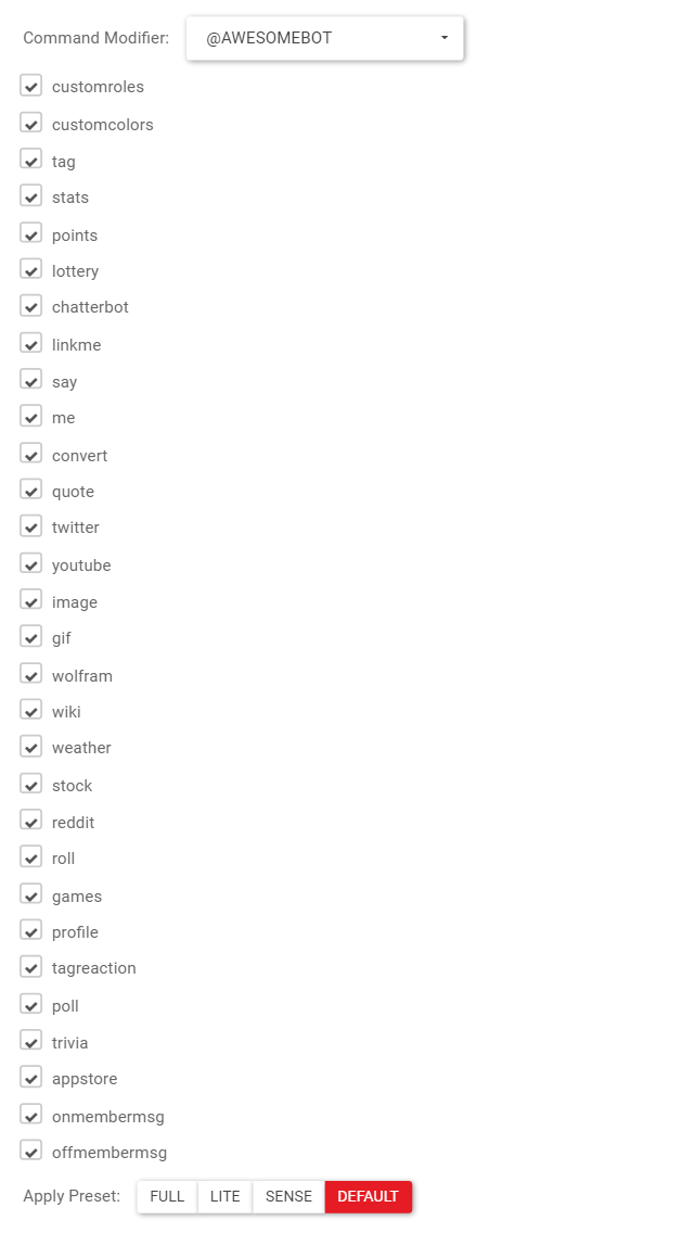 command settings list