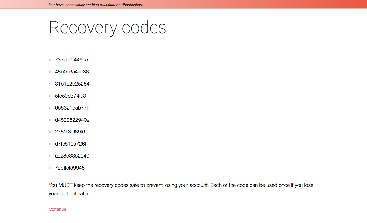 Recovery codes after successfully enabled