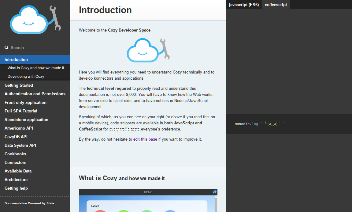 Screenshot of the Cozy Developer Documentation