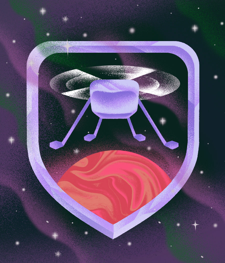 An illustration of the open source Mars helicopter badge awarded to open source developers whose work contributed to the operation of the Mars Helicopter.