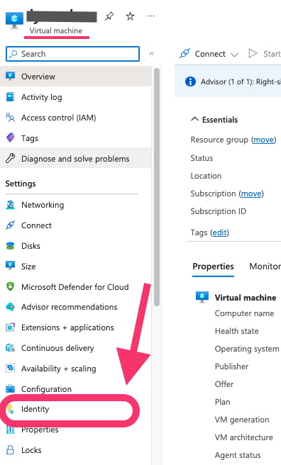 Screenshot from Azure portal of a virtual machine's page highlighting the "Identity" item in the menu.