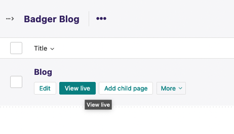 Screenshot of Wagtail showing Badger Blog listing