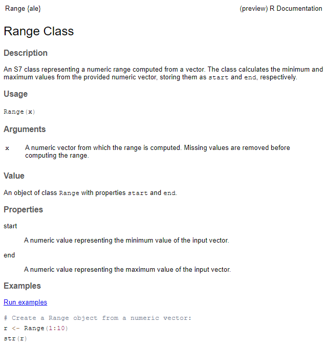 R help documentation of the Range class