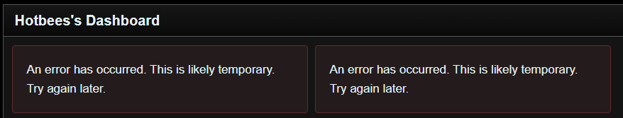 A Report Components dashboard where every component is an error that reads: "An error has occurred. This is likely temporary. Try again later."