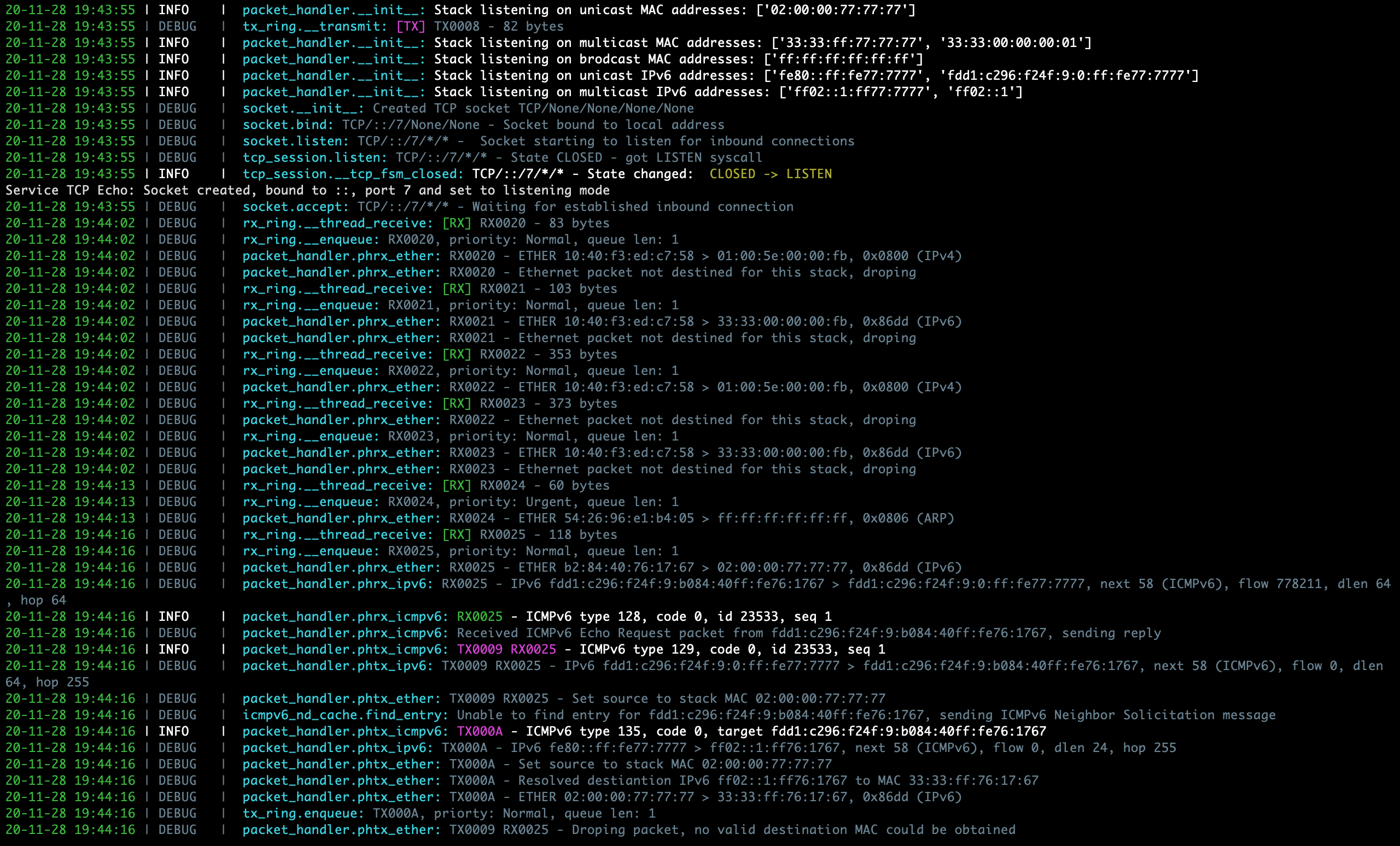 Sample PyTCP log output