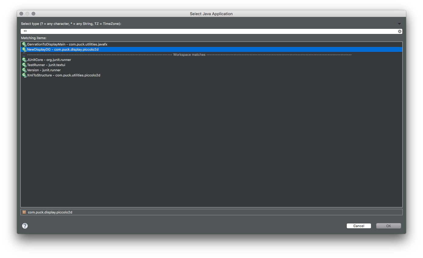 Sur la fenêtre intitulée Select Java Application sélectionnez NewDisplayDG - com.puck.display.piccolo2d. Puis cliquez sur le bouton OK.