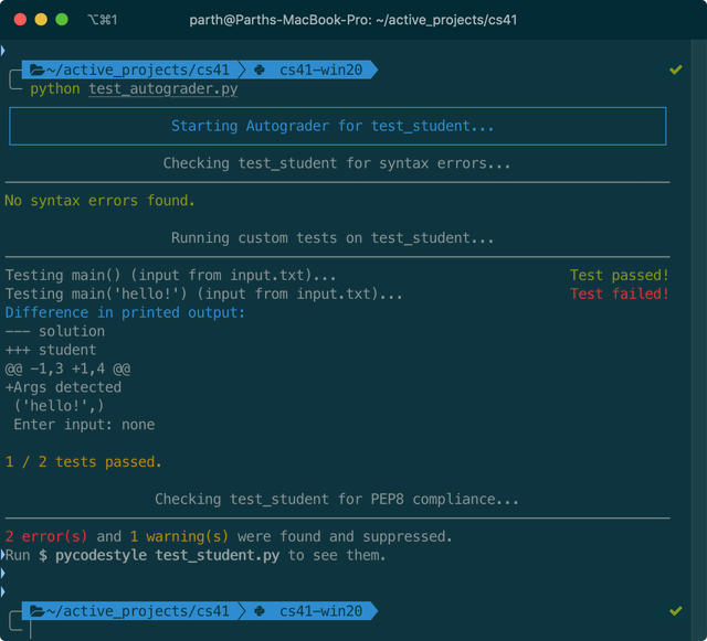 A terminal screen with text that appears from running the CS 41 autograder.