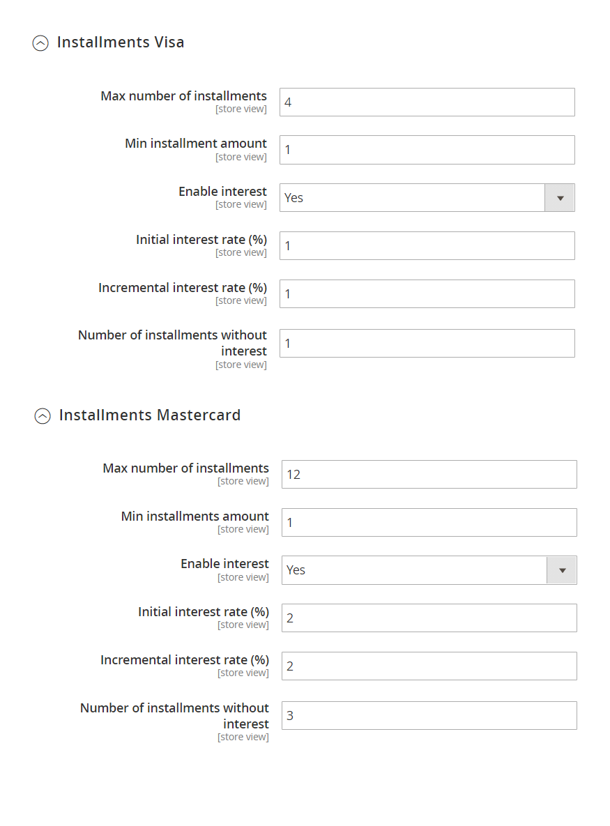 Installment settings per brand