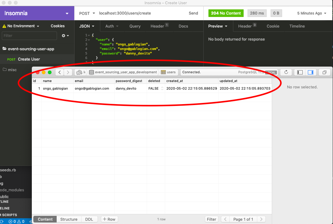 Postico table with first User record, overlaid on Insomnia request body