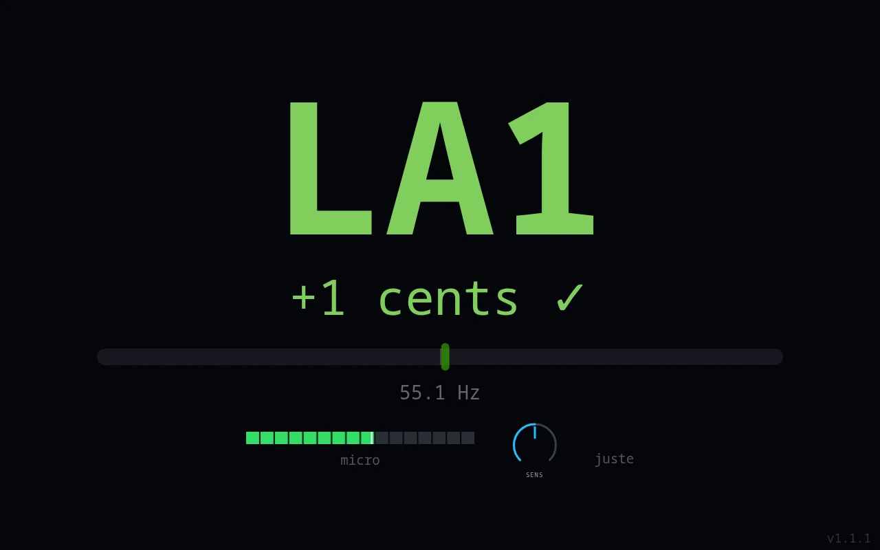tuner screenshot — LA1 at +1 cent, all green