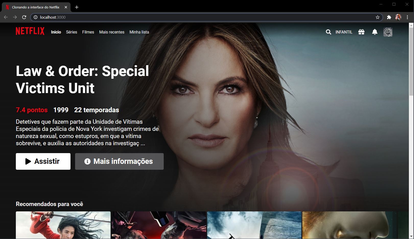 Tela do UI Clone da interface do Netflix