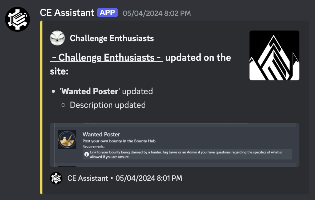 Screenshot of the 'Challenge Enthusiasts' game on the Challenge Enthusiasts site, used for keeping track of individual user accomplishments, having a singular objective update.