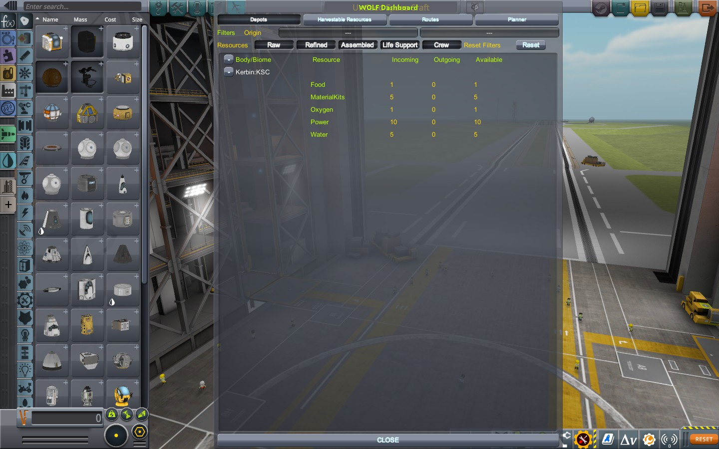 WOLF Dashboard showing the new KSC Biome Depot with bonus resources awarded to Kerbin-based depots