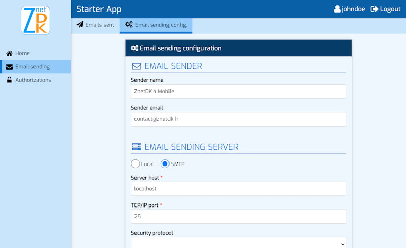 Screenshot of the Email sending configuration view provided by the ZnetDK 4 Mobile 'z4m_emailsending' module