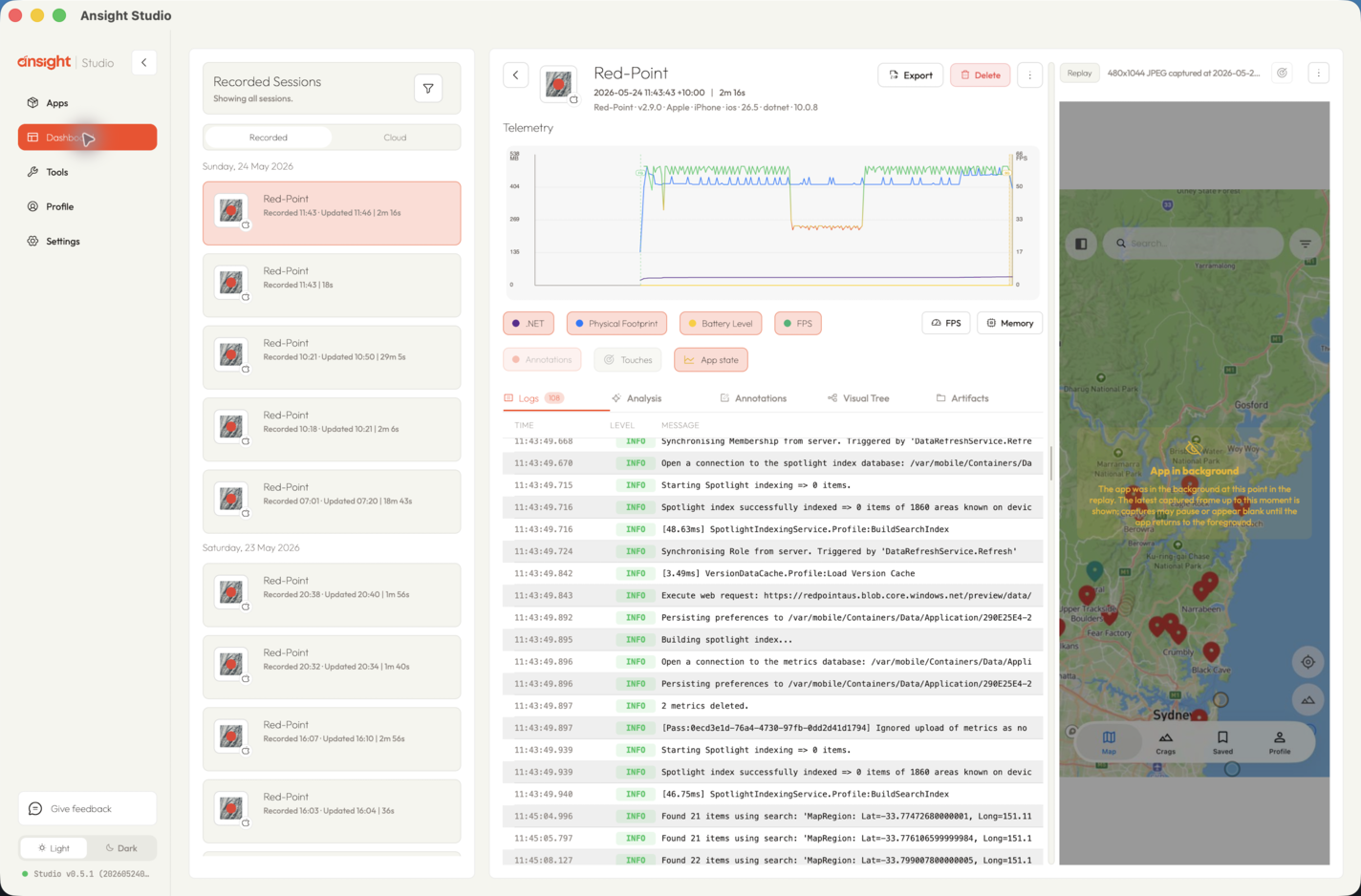 Ansight Studio telemetry review showing FPS, memory, and battery telemetry aligned to session evidence