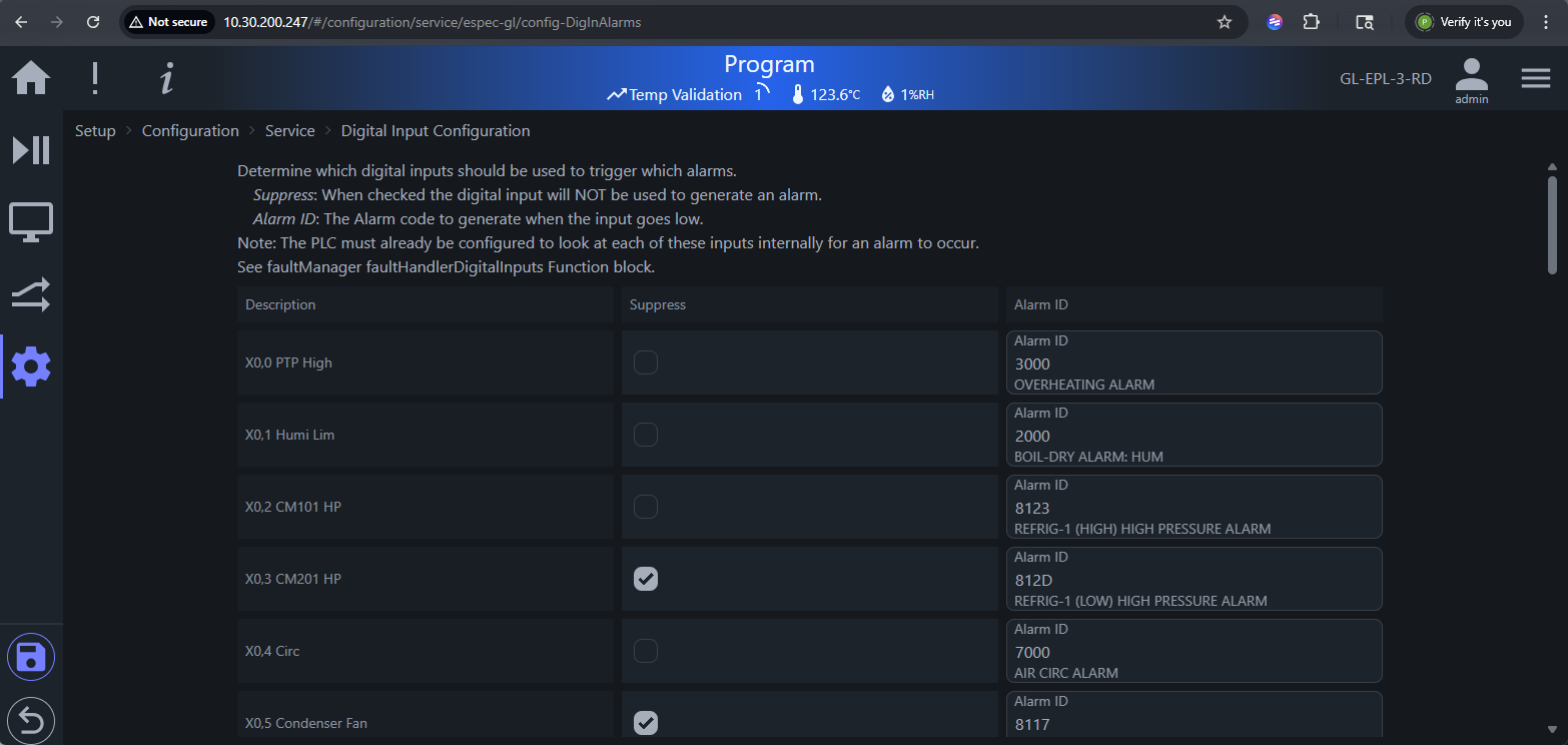 Digital Input configuration page