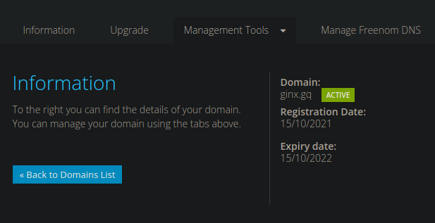 Freenom tela Manage Domain