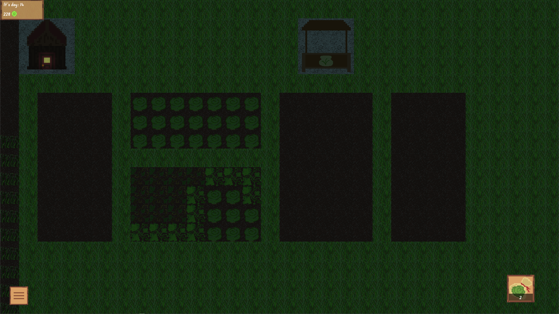 In game Screenshot, it's dark, smaller fields with growing salad, cucumbers and flowers.