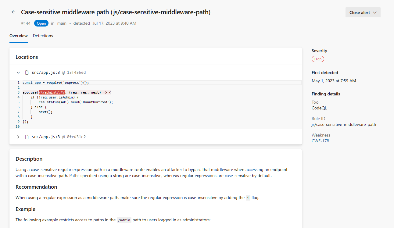 Screenshot of case-sensitive middleware path.