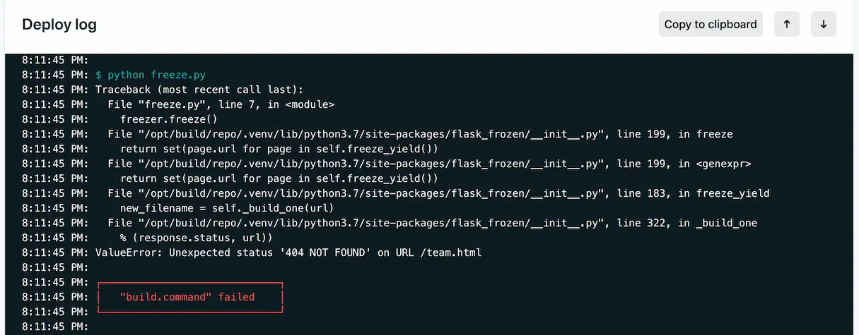 Screenshot of the logs for a failed deploy.