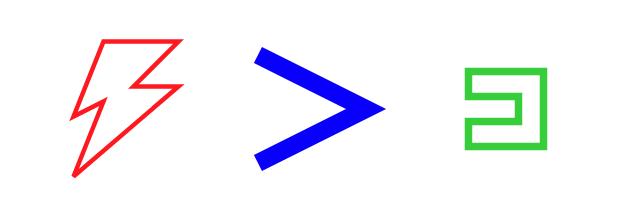 Three shapes generated by drawline: a thunderbolt, a greater-than sign, and a blocky backwards c