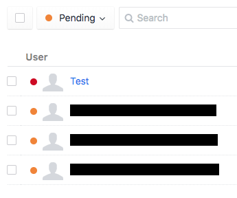 Screenshot of 'Pending' status filter applied on Users