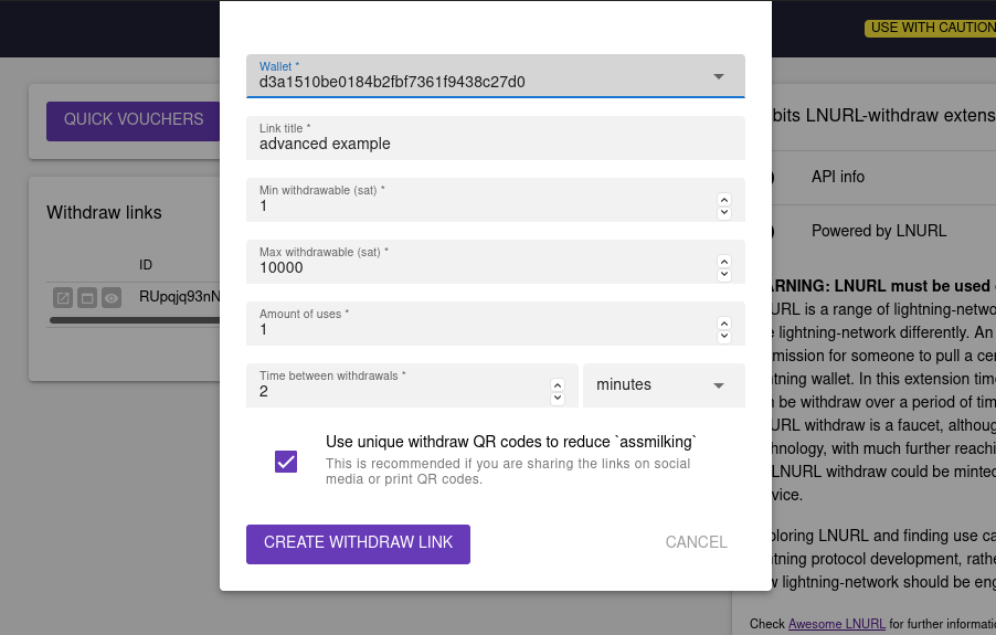 create advanced lnurlw