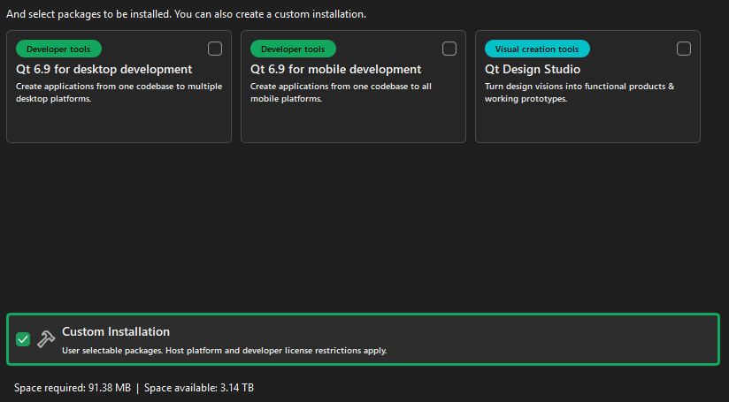 Installation selection; click "Custom Installation"