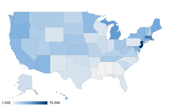 Median hate crimes per 1 million residents from 1991 to 2018