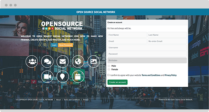 open source social network landing page