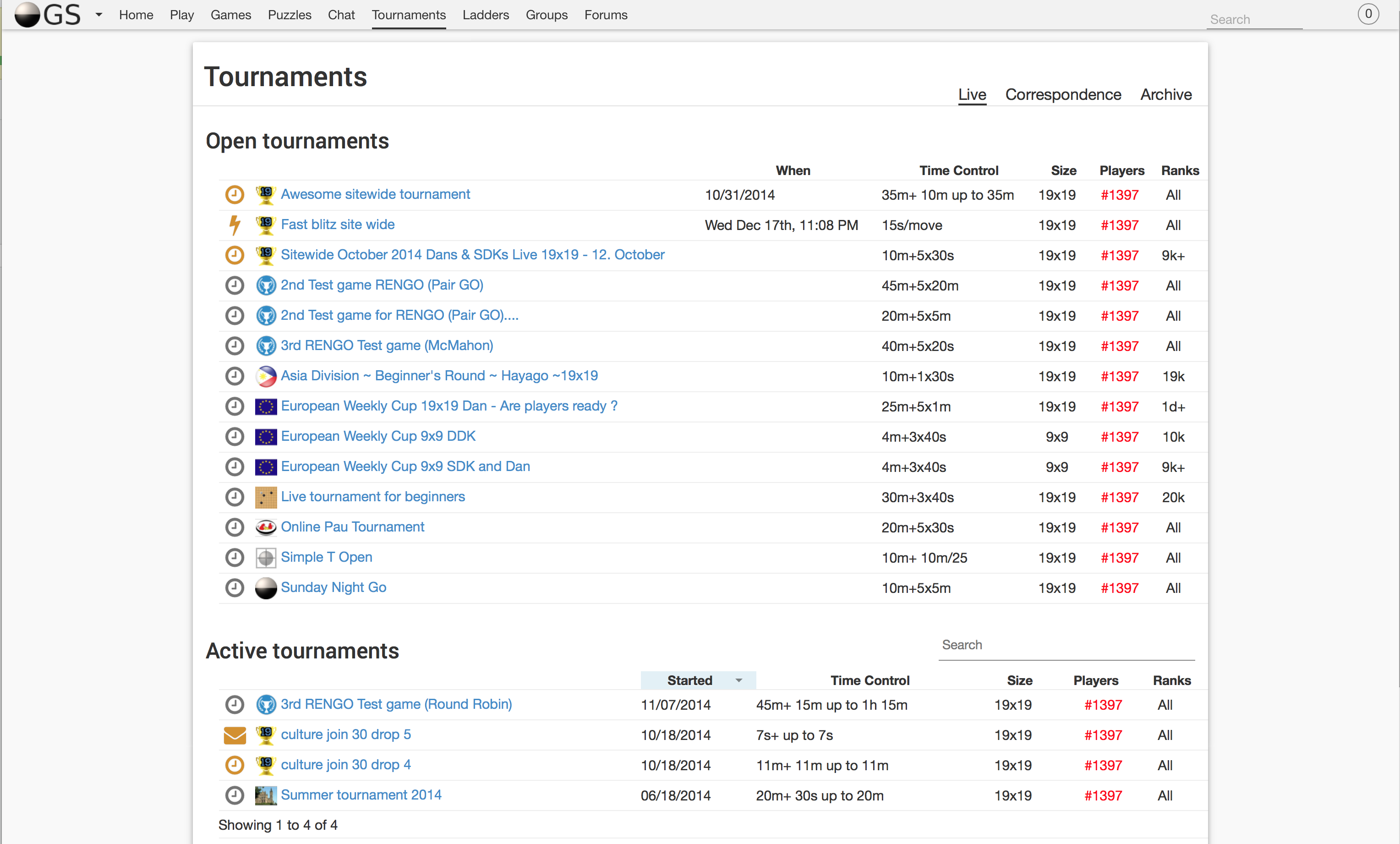 Tournament list page