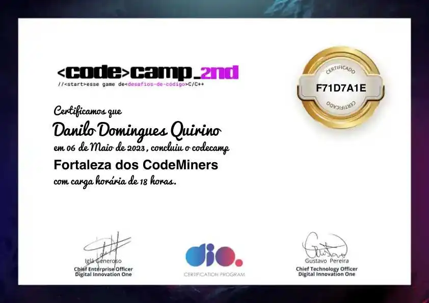 Certificado de conclusão do CODECAMP: Fortaleza dos CodeMiners emitido com o código F71D7A1E