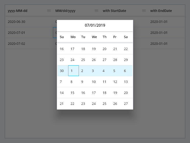 PlutoGrid Select Date