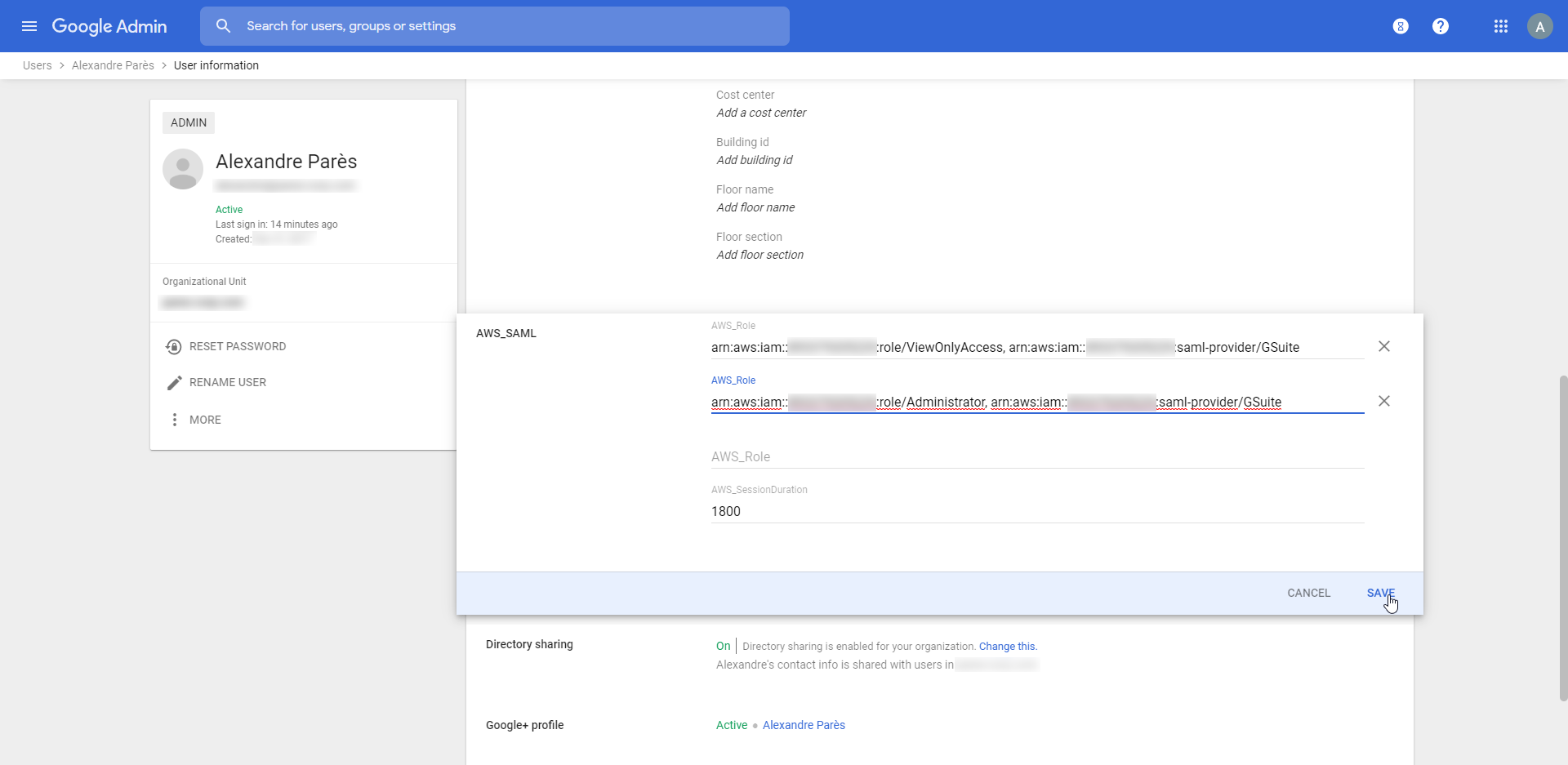 User > configure attribute > AWS SAML attributes